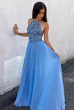 Elegant Blue Chiffon A line Halter Beaded Long Prom Dresses, Evening Dress, M302