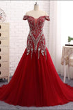 Gorgeous Red Beaded Off Shoulder Ball Gown Long Prom Dresses, Evening Dress, M303