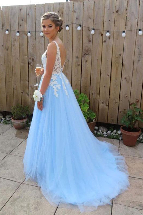 Elegant Blue Chiffon A line V neck lace Long Prom Dresses, Evening Dress, M305 at simidress.com