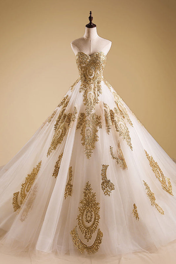 Ivory A line Wedding Dress, Lace Quinceanera Prom Dresses with Gold Appliques, M307 Simidress Ivory A line Wedding Dress, Lace Quinceanera Prom Dresses with Gold Appliques, M307 Simidress
