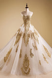 Ivory A line Wedding Dress, Lace Quinceanera Prom Dresses with Gold Appliques, M307