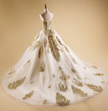 Ivory A line Wedding Dress, Lace Quinceanera Prom Dresses with Gold Appliques, M307 at simidress.com