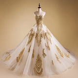 Ivory A line Wedding Dress, Lace Quinceanera Prom Dresses with Gold Appliques, M307 from Simidress