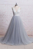 Ivory Lace Bodice Grey Tulle Skirt V-neck Prom Dresses With Chapel Train, M308