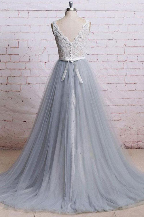 Ivory Lace Bodice Grey Tulle Skirt V-neck Prom Dresses With Chapel Train, M308