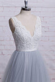 Ivory Lace Bodice Grey Tulle Skirt V-neck Prom Dresses With Chapel Train, M308