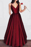 Burgundy A-line V-neck Spaghetti Strap Long Prom Dresses Evening Gowns, M309