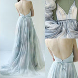 Simple V Neck Tulle cheap Pretty Party Prom Dresses,Charming Long Spaghetti Straps Bridal gowns,M30