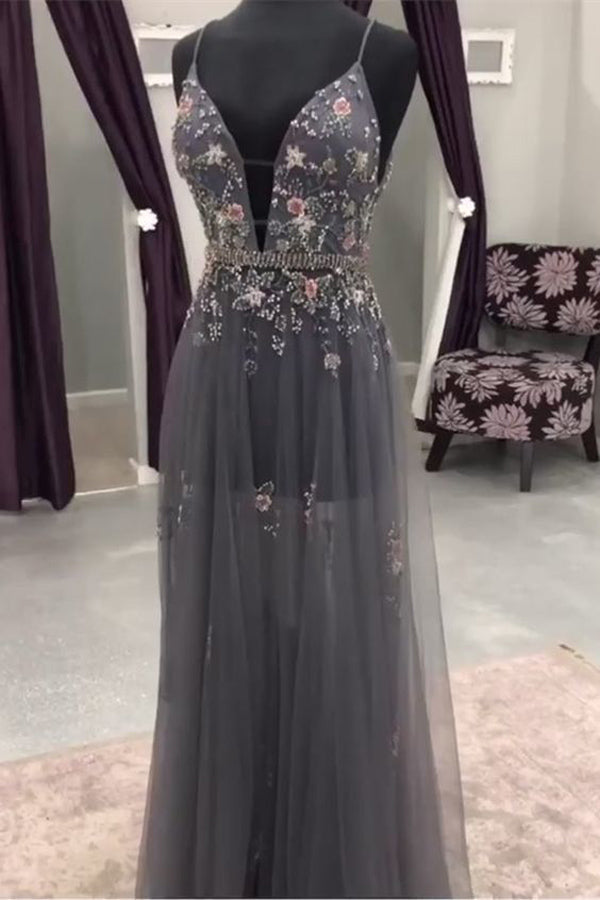 Gray Deep V neck Beaded Long Prom Dress with Flowers, Evening Dresses, M310   Simidress