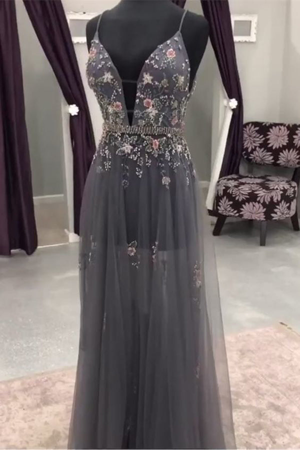 Gray Deep V neck Beaded Long Prom Dress with Flowers, Evening Dresses ...