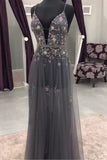 Gray Deep V neck Beaded Long Prom Dress with Flowers, Evening Dresses, M310