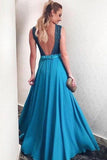 Deep V neck A line Blue Satin Backless Long Prom Dresses Evening Gowns, M312 at simidress.com