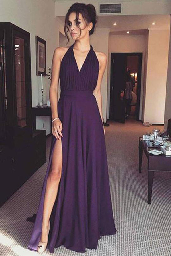  Purple Simple V Neck Chiffon Long Prom Dress With Side Slit, Evening Dress, M313