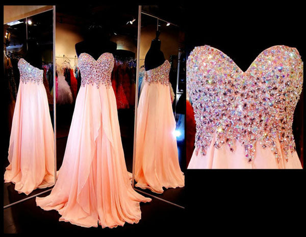 Hot Pink Rhinestone A-line Chiffon Sweetheart Strapless Long Prom Dresses, M314 at simidress.com