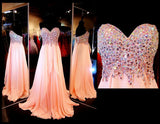 Hot Pink Rhinestone A-line Chiffon Sweetheart Strapless Long Prom Dresses, M314 at simidress.com