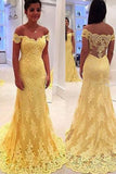 Modest Yellow Lace Off Shoulder Mermaid Long Prom Dresses with Appliques, M315