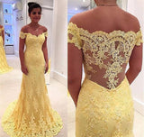 Modest Yellow Lace Off Shoulder Mermaid Long Prom Dresses with Appliques, M315 at simidress.com