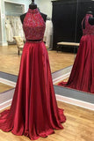 Dark Red Beaded Halter Open Back Long Prom Dresses With Side Slit, M316