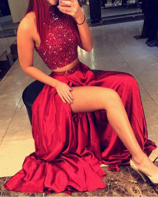 Dark Red Beaded Halter Open Back Long Prom Dresses With Side Slit, M316 at simidress.com