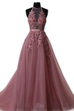 A-line Halter See-through Lace Appliqued Long Prom Dresses Formal Gowns, M317