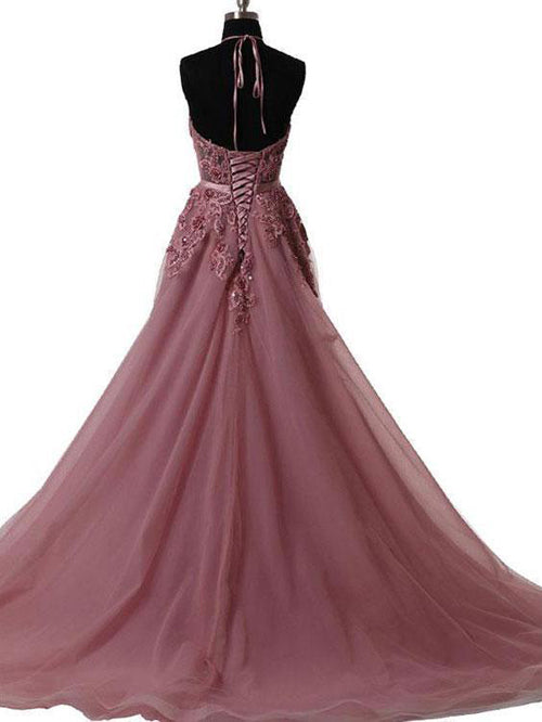 A-line Halter See-through Lace Appliqued Long Prom Dresses Formal Gowns, M317 at simidress.com