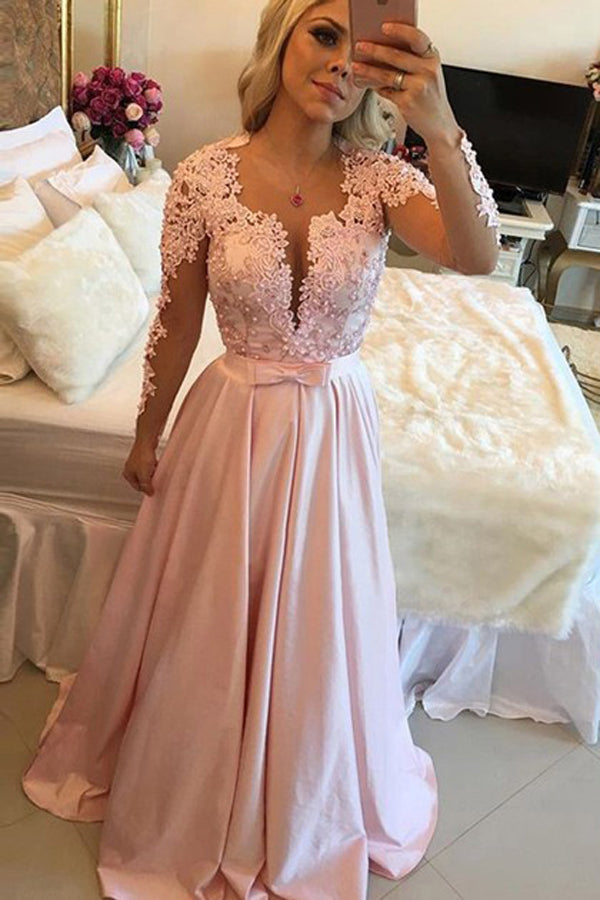  Tulle Silk-like Satin A-line Scoop Appliques Lace Long Sleeve Prom Dresses, M318