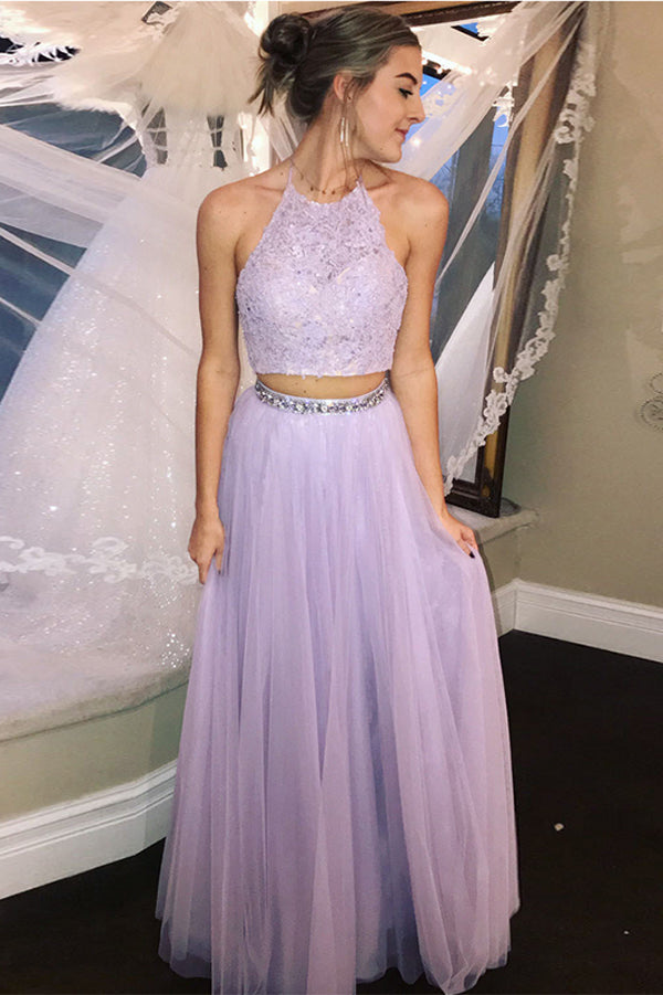 Two Piece Halter A-line Tulle Lavender Long Prom Dresses Formal