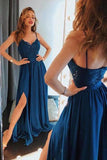 Simple Blue Spaghetti Straps V neck Long Prom Dresses with Side Slit, M320