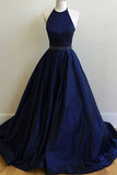 Simple Dark Blue Halter Satin A-line Long Prom Dresses, Evening Dress, M321