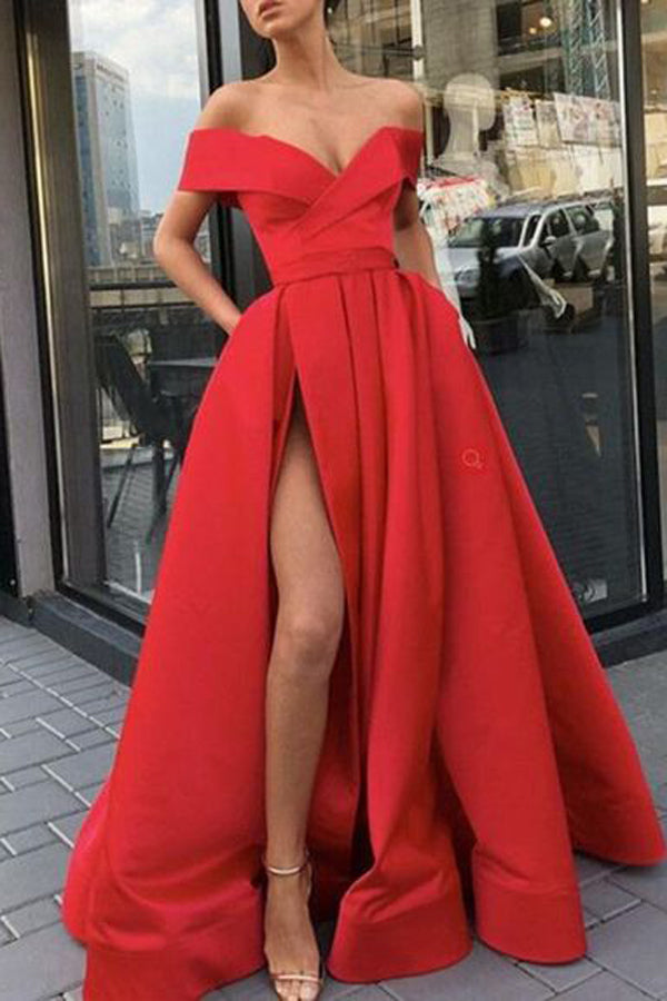 Red Satin Off Shoulder Long Prom dress With Side Slit, Formal Gowns, M323
