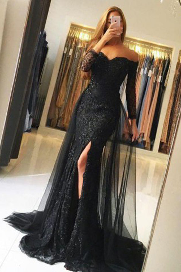 Black Lace Mermaid Sweetheart Long Sleeve Prom Dresses with Sweep Train, M322 | mermaid prom dresses | party dresses | prom dresses long | prom dresses black | evening dresses | formal dresses | long sleeve prom dresses | cheap prom dresses online | prom dresses for teens | fashion dresses | black prom dresses near me | prom dresses store | Simidress