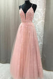 Blush Lace A-line V Neck Open Back Spaghetti Straps Long Prom Dresses, M324