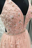 Blush Lace A-line V Neck Open Back Spaghetti Straps Long Prom Dresses, M324 at simidress.com