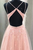 Blush Lace A-line V Neck Open Back Spaghetti Straps Long Prom Dresses, M324 sold by simidress.com