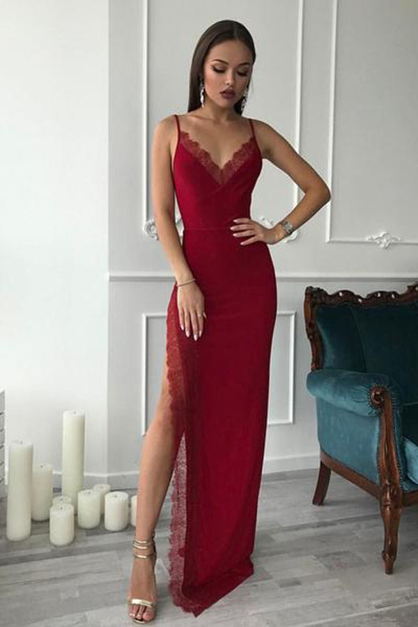 Red Sheath Spaghetti Straps Long Side Slit Prom Dresses, Evening Dresses, M325