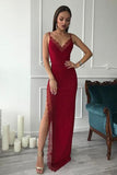 Red Sheath Spaghetti Straps Long Side Slit Prom Dresses, Evening Dresses, M325