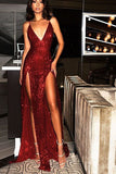 Fabulous Sequins Burgundy V Neck Backless Long Prom Dress with Slit, M326