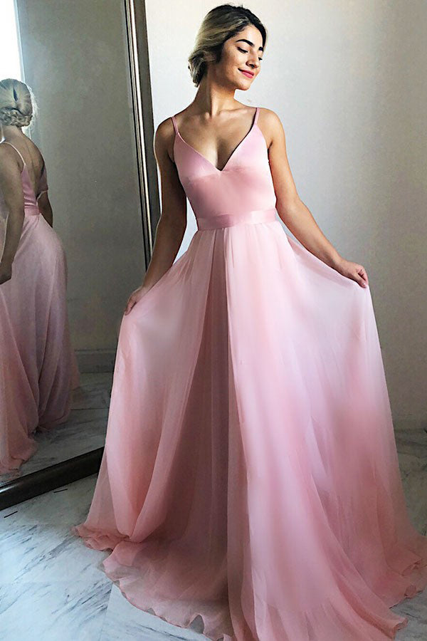 Charming Simple Pink V Neck Chiffon Long Prom Dress, Evening Dresses, M327