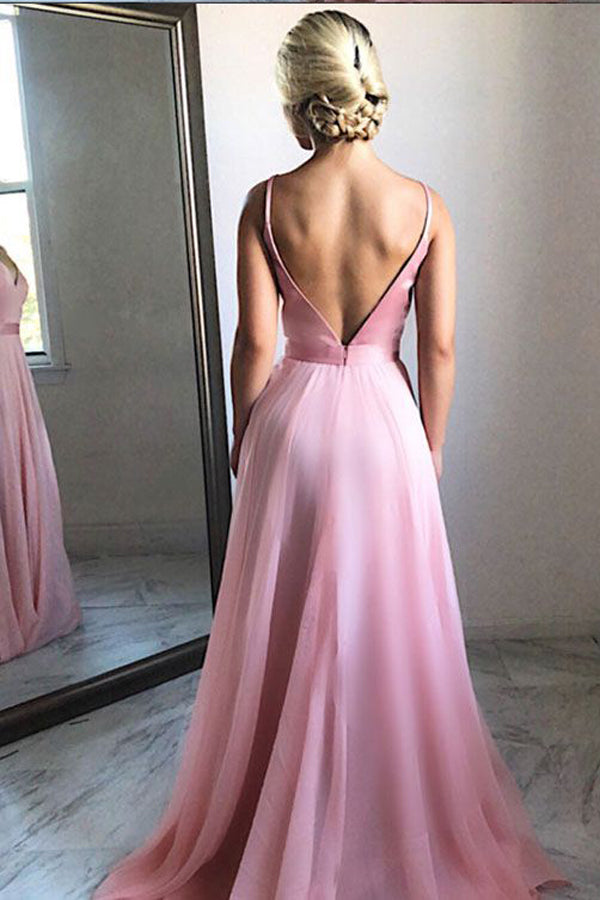 Charming Simple Pink V Neck Chiffon Long Prom Dress, Evening Dresses, M327 at simidress.com
