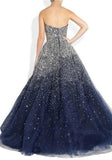 Navy Blue A-line Tulle Strapless Beading Long Prom Dresses, Evening Dress, M328 at simidress.com