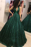 Shinny Green Sequined Halter V-Neck Ball Gown Long A-Line Prom Dresses, M329