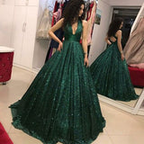 Shinny Green Sequined Halter V-Neck Ball Gown Long A-Line Prom Dresses, M329|simidress.com