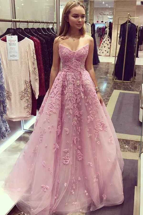 Dusty Rose Vintage Lace Applique Strapless Long Prom Dresses Evening Dresses, M332
