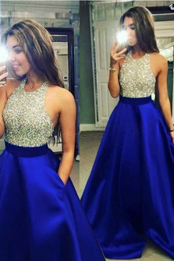 Cute Beaded Blue Halter Satin A-line Floor Length Prom Dress with Pocket, M333
