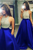 Cute Beaded Blue Halter Satin A-line Floor Length Prom Dress with Pocket, M333