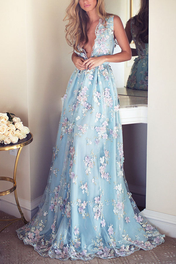 Blue Tulle Appliques V-Neck A-line Sleeveless Long Prom Dresses, M334