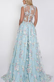 Blue Tulle Appliques V-Neck A-line Sleeveless Long Prom Dresses, M334|simidress.com
