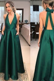 Simple Green Satin V-neck A-line Long Prom Dresses, Elegant Formal Dresses, M335