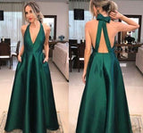 Simple Green Satin V-neck A-line Long Prom Dresses, Elegant Formal Dresses, M335|simidress.com