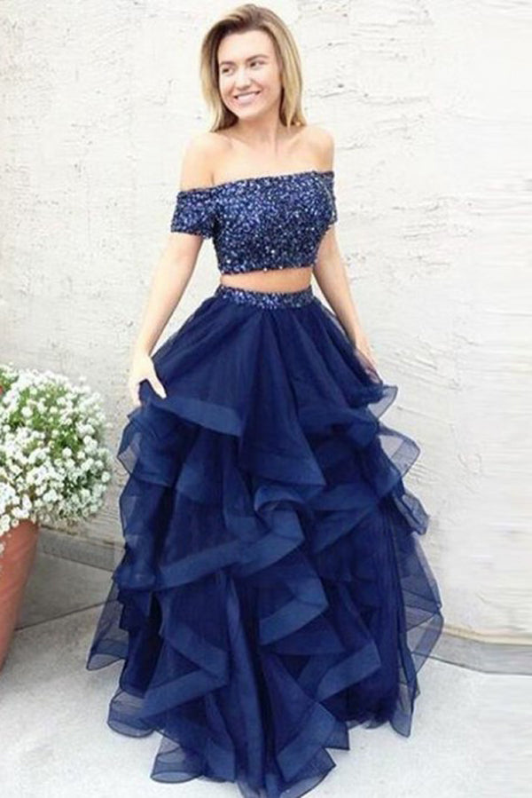 Navy Blue A Line Off Shoulder Ruffles Two Piece Prom Dress, Formal